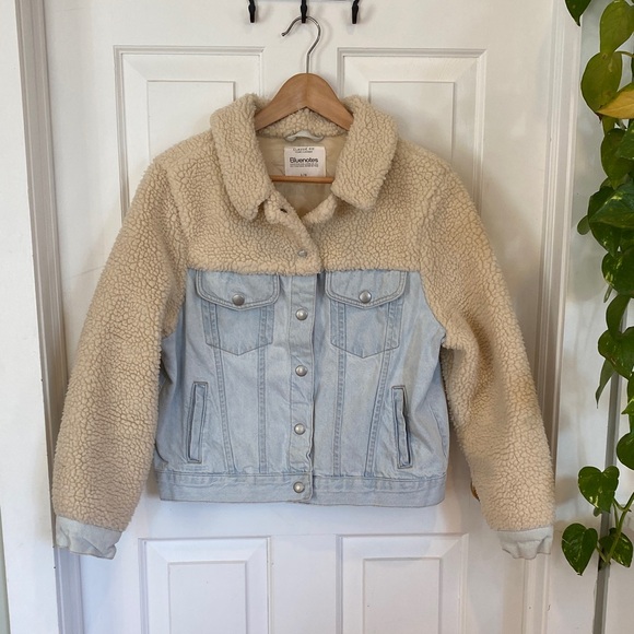 Sherpa-Lined Denim Jacket - Cream and Blue - Picture 1 of 14